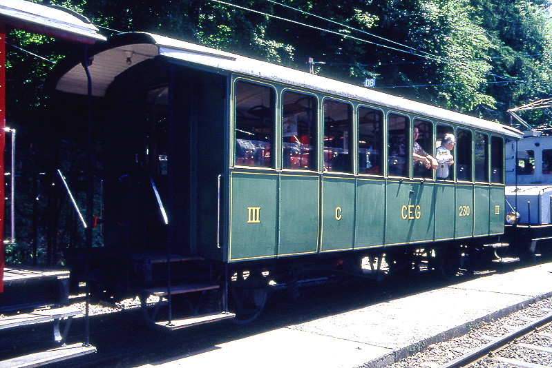 BC Museumsbahn - ex CEG C 230 am 31.05.1993 in Chaulin - 3.Klasse Personenwagen 2-achsig mit 2 offenen Plattformen - Baujahr 1905 - SWS - Gewicht 8,00t - Sitzplätze 40 - LüP 9,50 - Lebenslauf: ex SEG C 230 - 1942 GFM C 230 - 1956 B 230 - 1964 B² 230 - 1969 BC C 230
