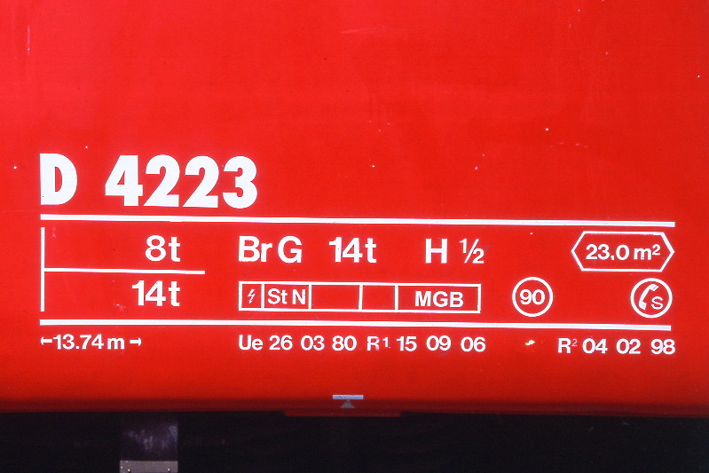 RhB - D 4223 - Gep�ckwagen am 27.08.2008 in Scuol - �bernahme 26.03.1980 - SWS/SWP - Anschriftenfeld
