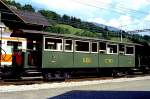 BC Museumsbahn - ex SEG C4 171 am 13.07.1993 in Montbovon - 3.Klasse Personenwagen 4-achsig mit 2 offenen Plattformen - Baujahr 1891 - Herbrand/K�ln - Gewicht 10,00t - Sitzpl�tze 46 - L�P 11,30 -