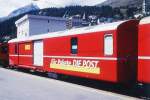 RhB - Z 13091 am 04.09.1996 in St.Moritz - Postwagen 4-achsig mit 1 offenen Plattform - �bernahme: 09.12.1966 - SWS - Fahrzeuggewicht 15,50t - Zuladung 9,00t - L�P 16,87m - zul�ssibe Geschwindigkeit =
