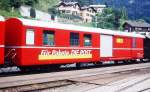 RhB - Z 13092 am 28.08.1996 in Berg�n - Postwagen 4-achsig mit 1 offenen Plattform - �bernahme: 10.12.1966 - SWS - Fahrzeuggewicht 15,50t - Zuladung 9,00t - L�P 16,87m - zul�ssige Geschwindigkeit = 90